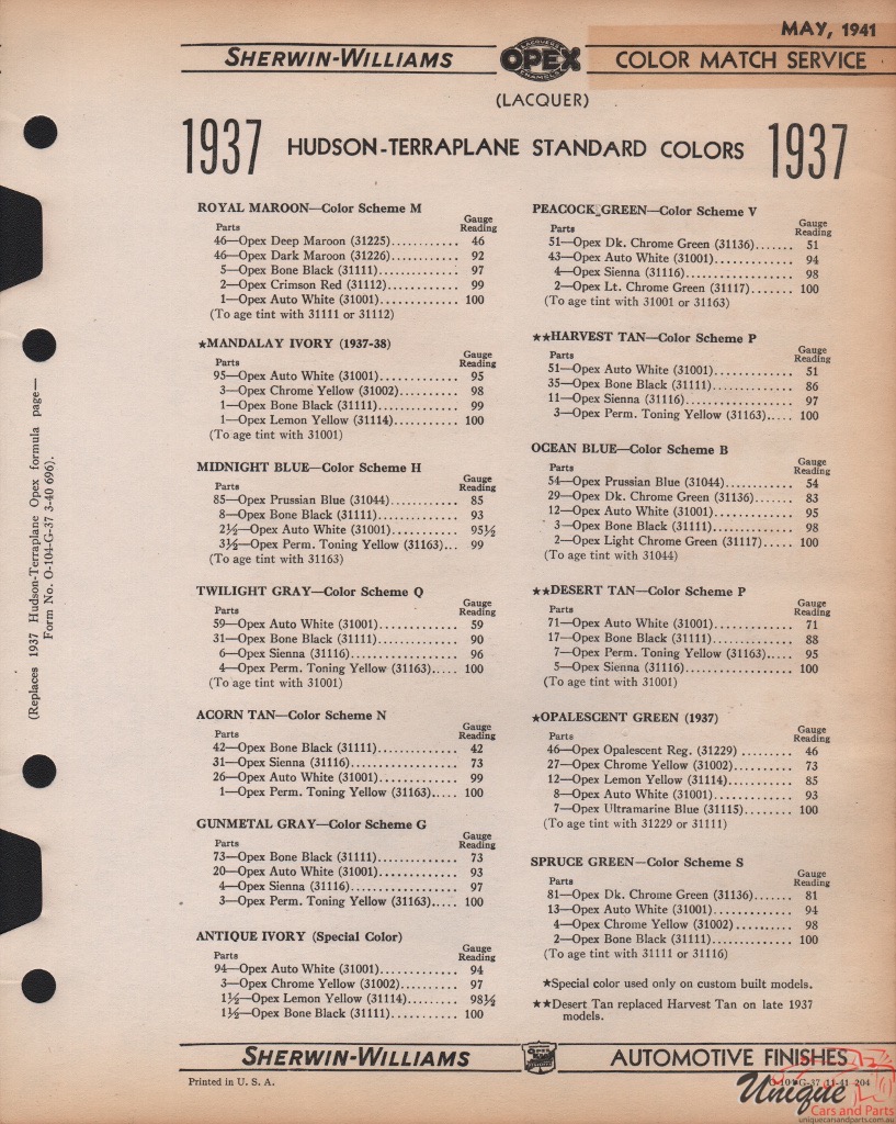 1937 Hudson Paint Charts Williams 3